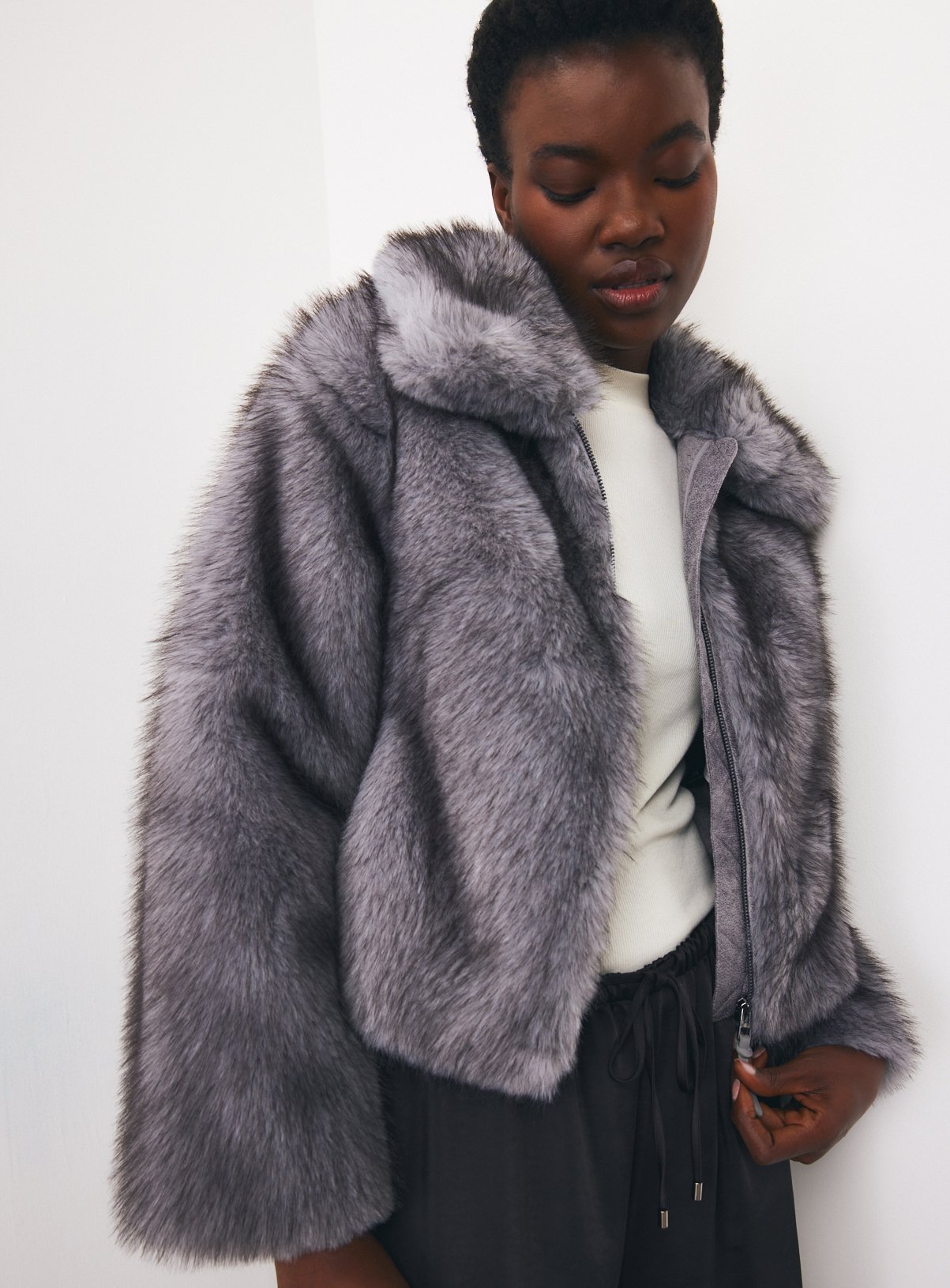 Light Blue Bonded Faux Fur Zip Through Jacket S - Image 1 thumbnail